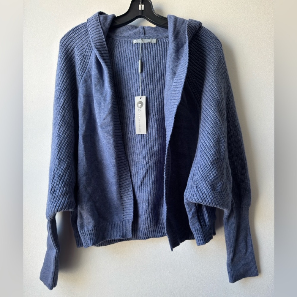 InCashmere Women’s Cotton Blend Blue Hooded  Sweater Cardigan